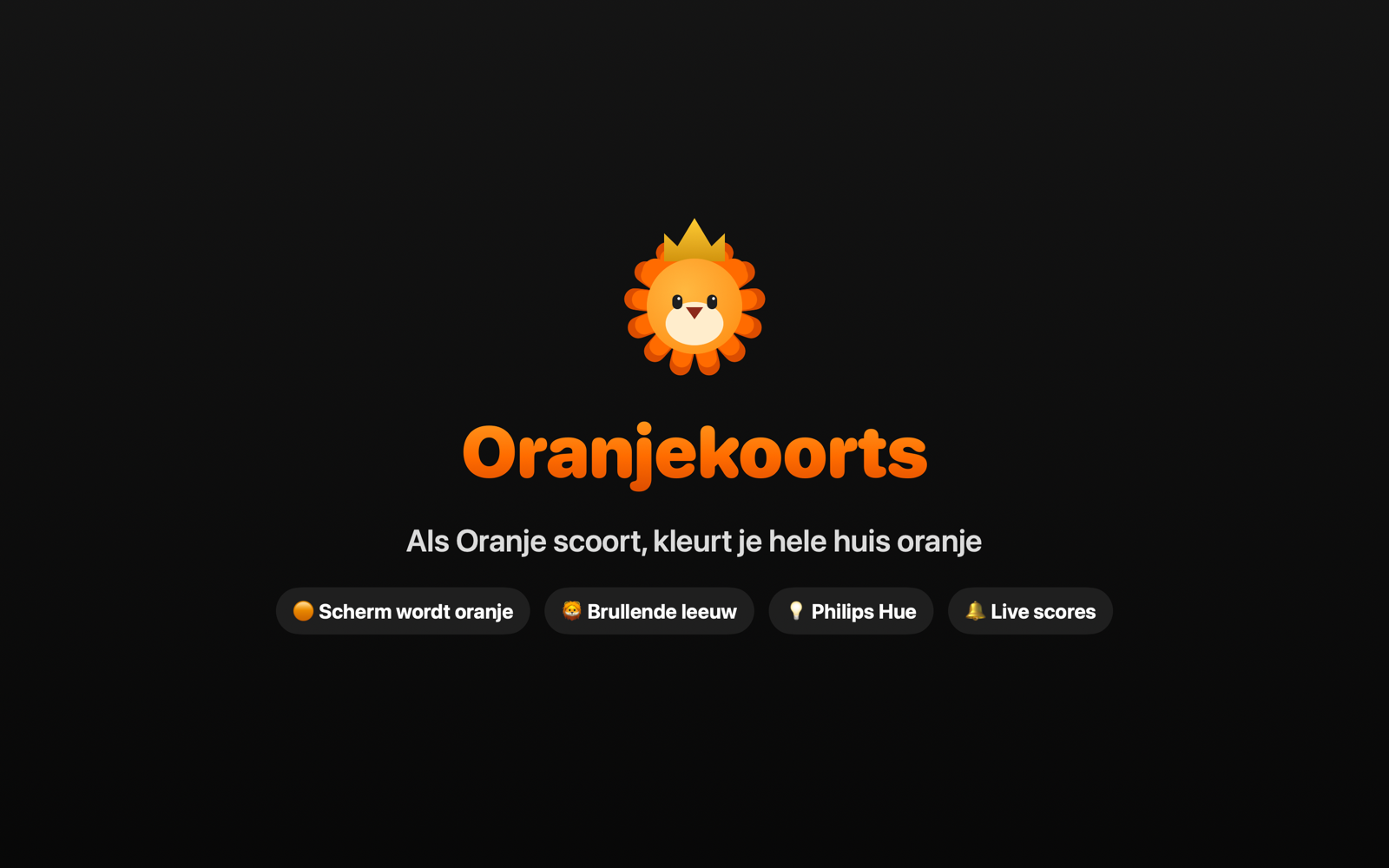 Overzicht van Oranjekoorts-functies: scherm wordt oranje, brullende leeuw, Philips Hue en live scores